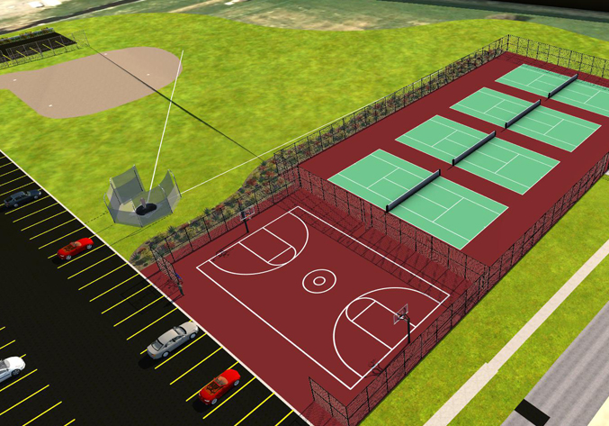 Close up rendering of the tennis courts and baseball field Close up rendering of the tennis courts and baseball field