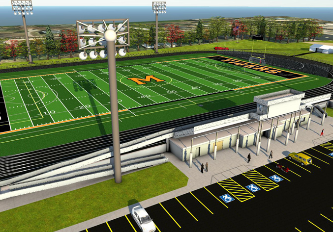 Close up rendering of football field track and concession stands Close up rendering of football field track and concession stands
